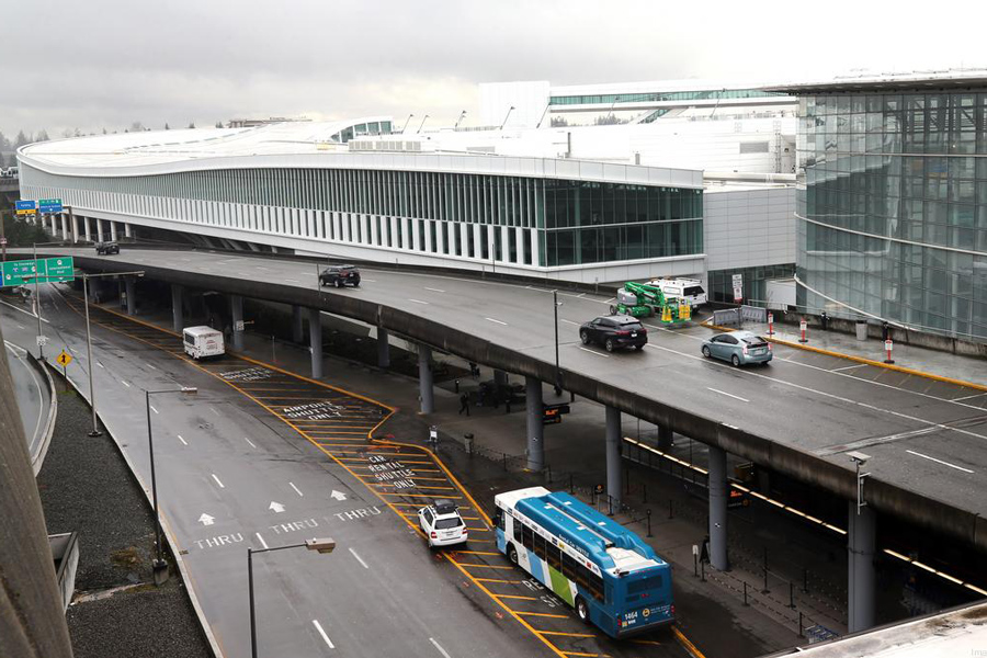 Arial view of the exterior of Sea Tac - International Arrivals Facility