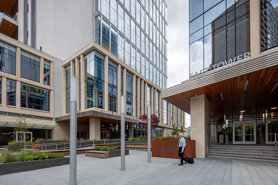 Exterior photo of an entrance to the 1001 Bellevue Office Buildings.