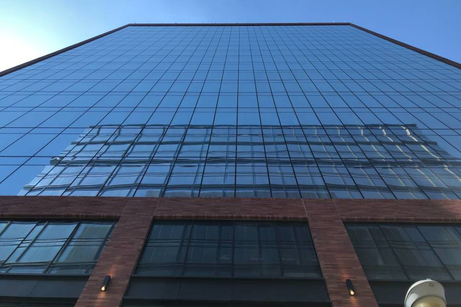 Ground view looking up at the exterior of 800 W fulton