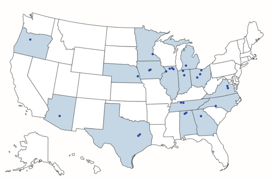 Map of the united states with dots indicating data center locations. Dots in Oregon, arizona, texas, nebraska, minnesota, iowa, illinois, indiana. michigan, ohio, Tennessee, georgia, alabama, north and south Carolina,