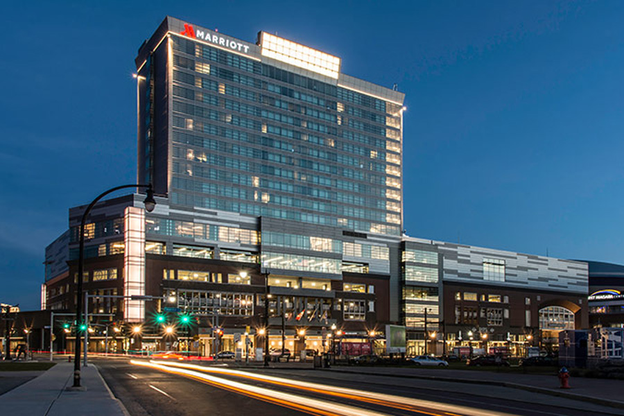 Exterior of the Harbor Center Hotel.
