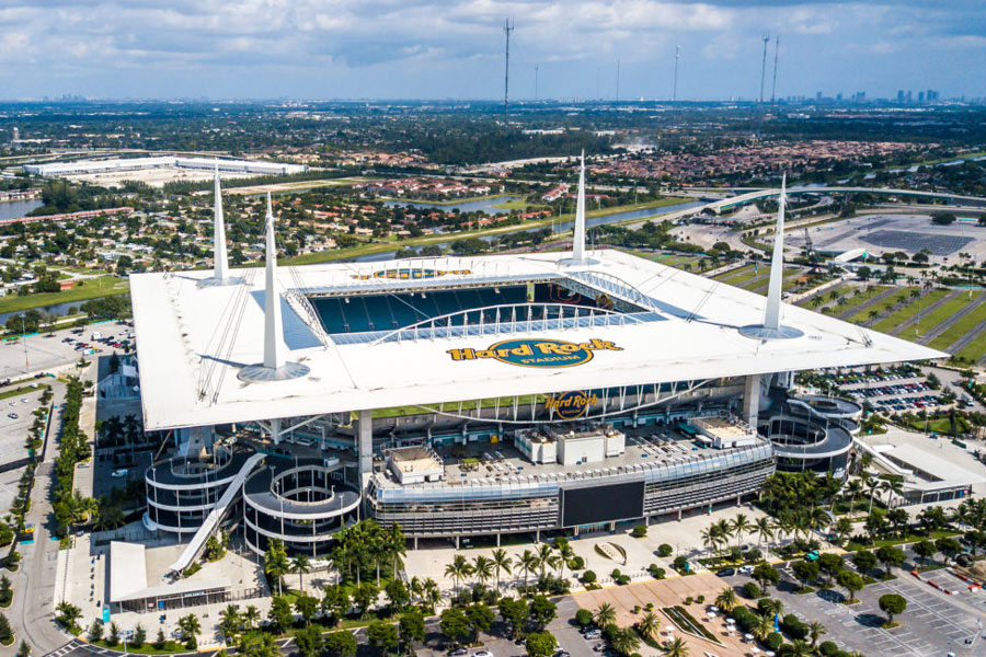 Arial photo of Hard Rock Stadium and the surrounding grounds.