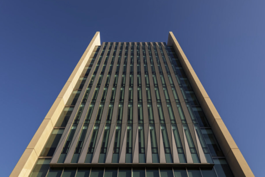 From the ground looking up at the Harrisburg Federal Courthouse