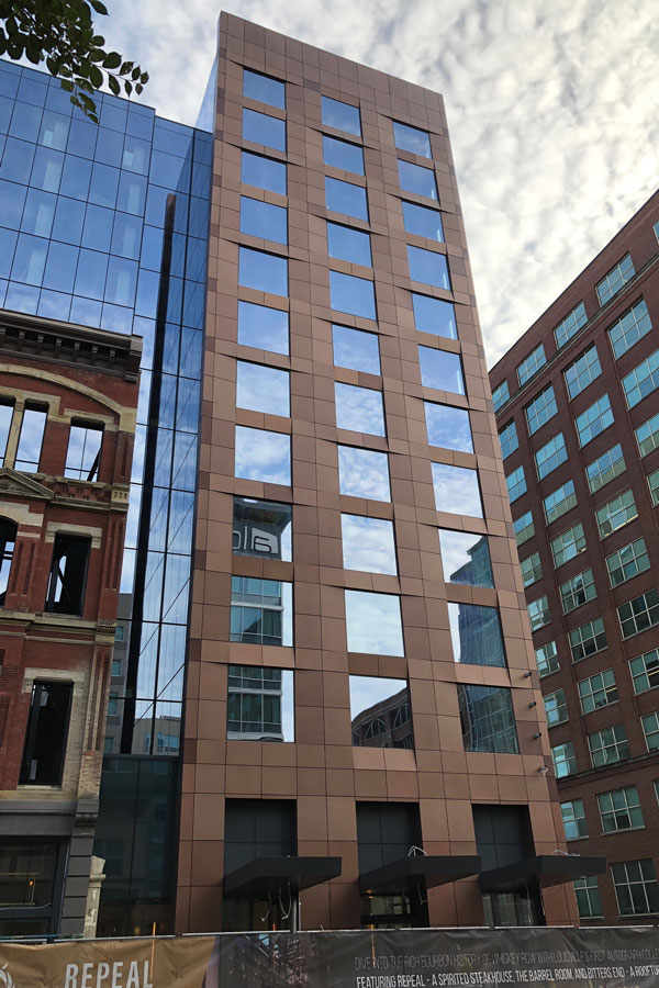 Exterior of the Louisville Autograph Moxy Hotel.