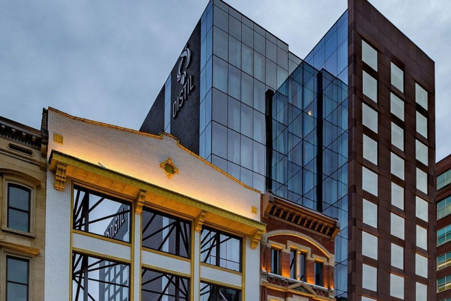 Exterior of the Louisville Autograph Moxy Hotel.
