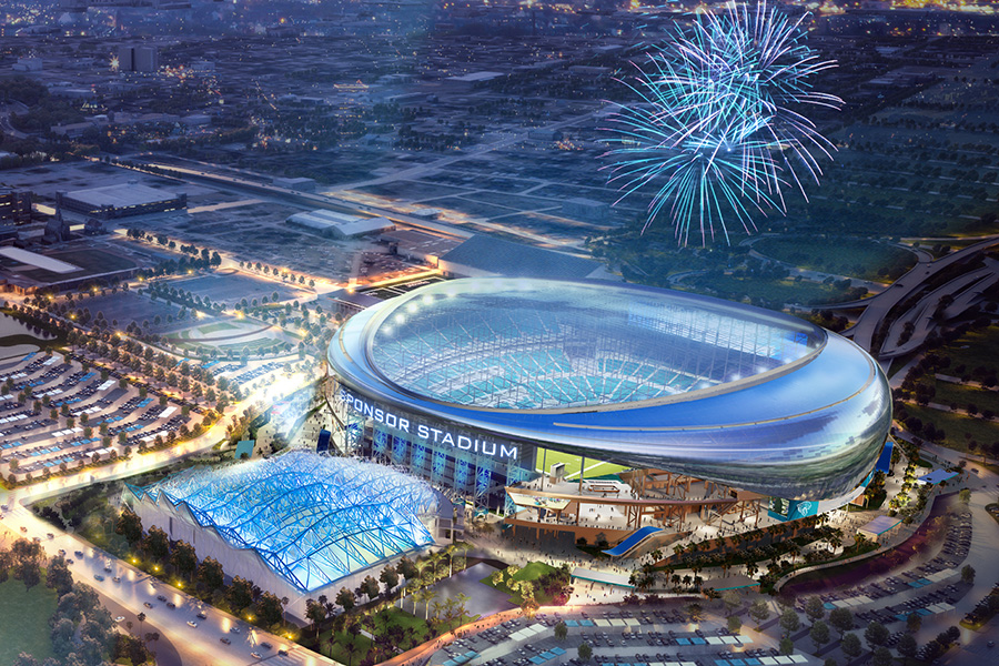 Arial view of Jacksonville Jaguars Stadium with fireworks going off above it.
