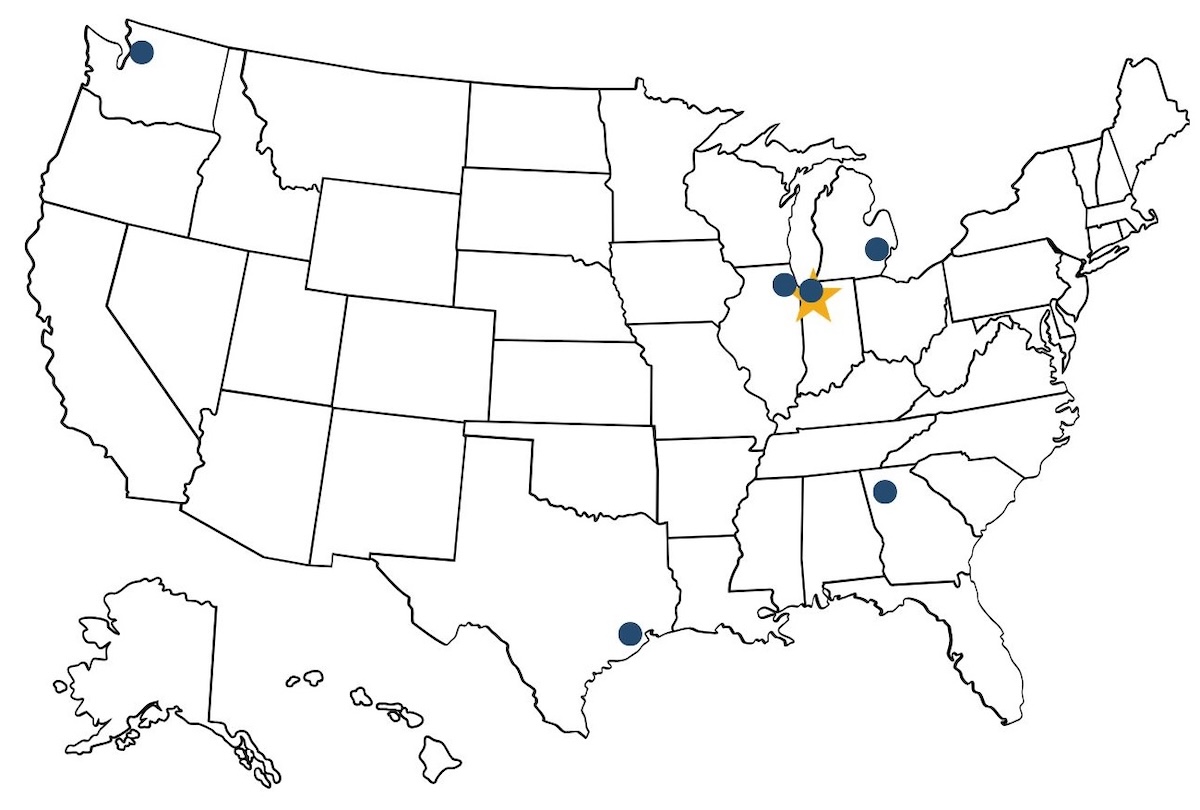 Map of the united states with stars indicating Crown Corr Locations. Washington, texas, georgia, illinois, indiana and michigan.